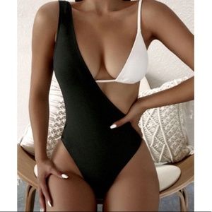 Black ribbed color block cut out monokini Swim